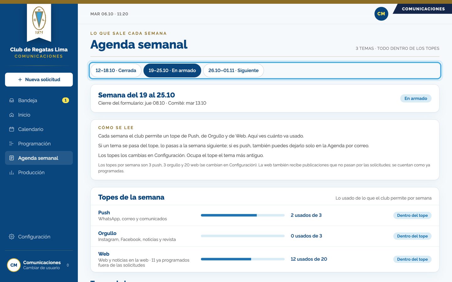 Pantalla del paso 1: Elige la semana. La que dice «En armado» es la que se decide en el comité del martes; la cerrada y la siguiente son de consulta.