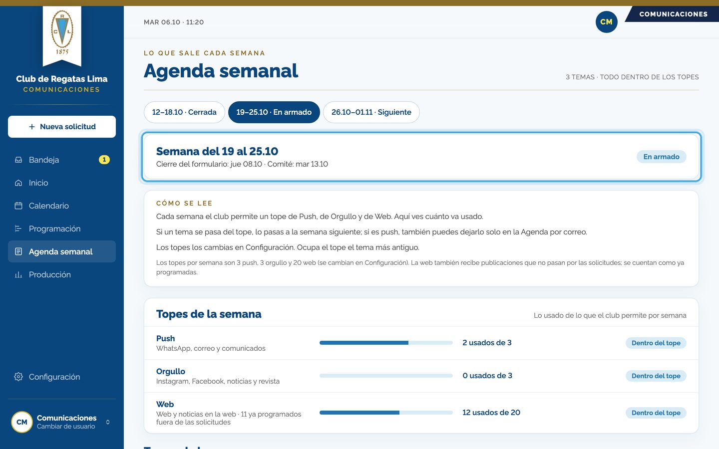 Pantalla del paso 2: Arriba ves el cierre del formulario, los jueves, y el comité, los martes.