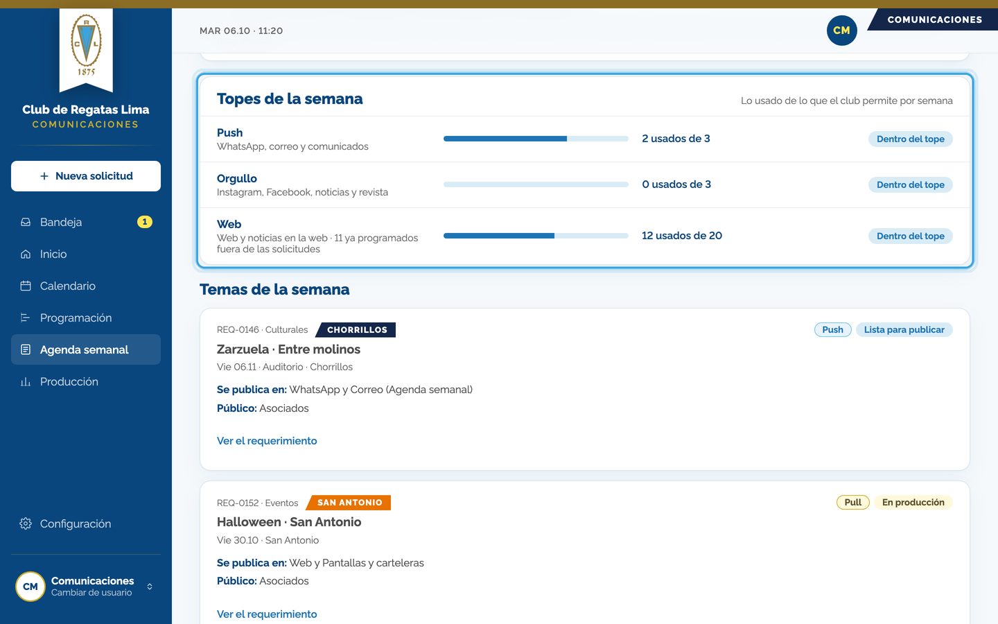 Pantalla del paso 3: En «Topes de la semana» ves cuánto va usado de Push, Orgullo y Web contra su límite. Si uno se pasa, lo dice con «Se pasa por».