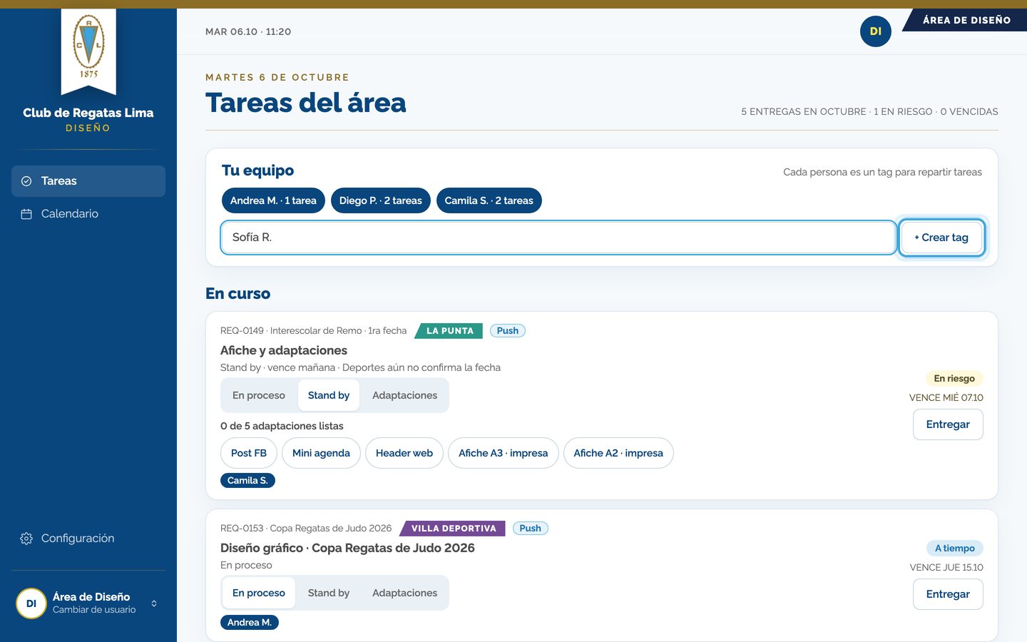 Pantalla del paso 7: Para sumar a alguien a tu equipo, escribe su nombre y toca «+ Crear tag».