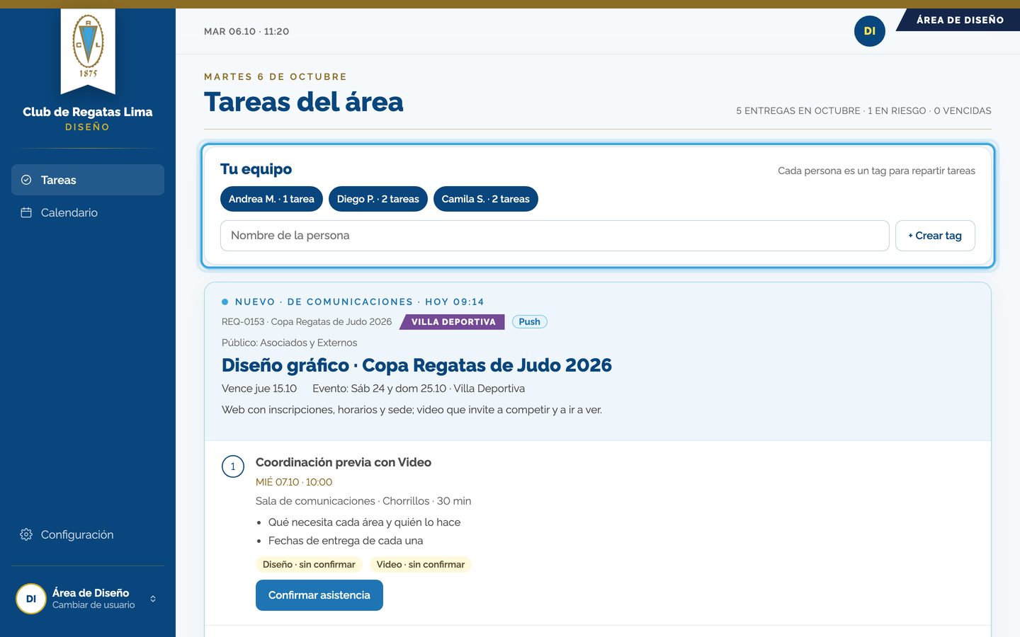 Pantalla del paso 1: Entras directo a «Tareas del área». Arriba está tu equipo, con las tareas que tiene cada persona.