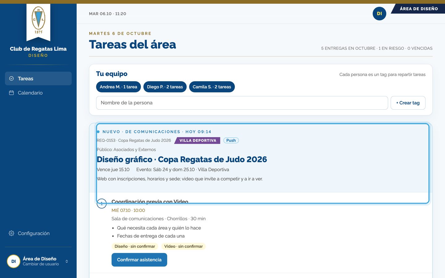Pantalla del paso 2: Lo que te delega Comunicaciones aparece como «Nuevo · dComunicaciones», con el pedido tal cual y su fecha.