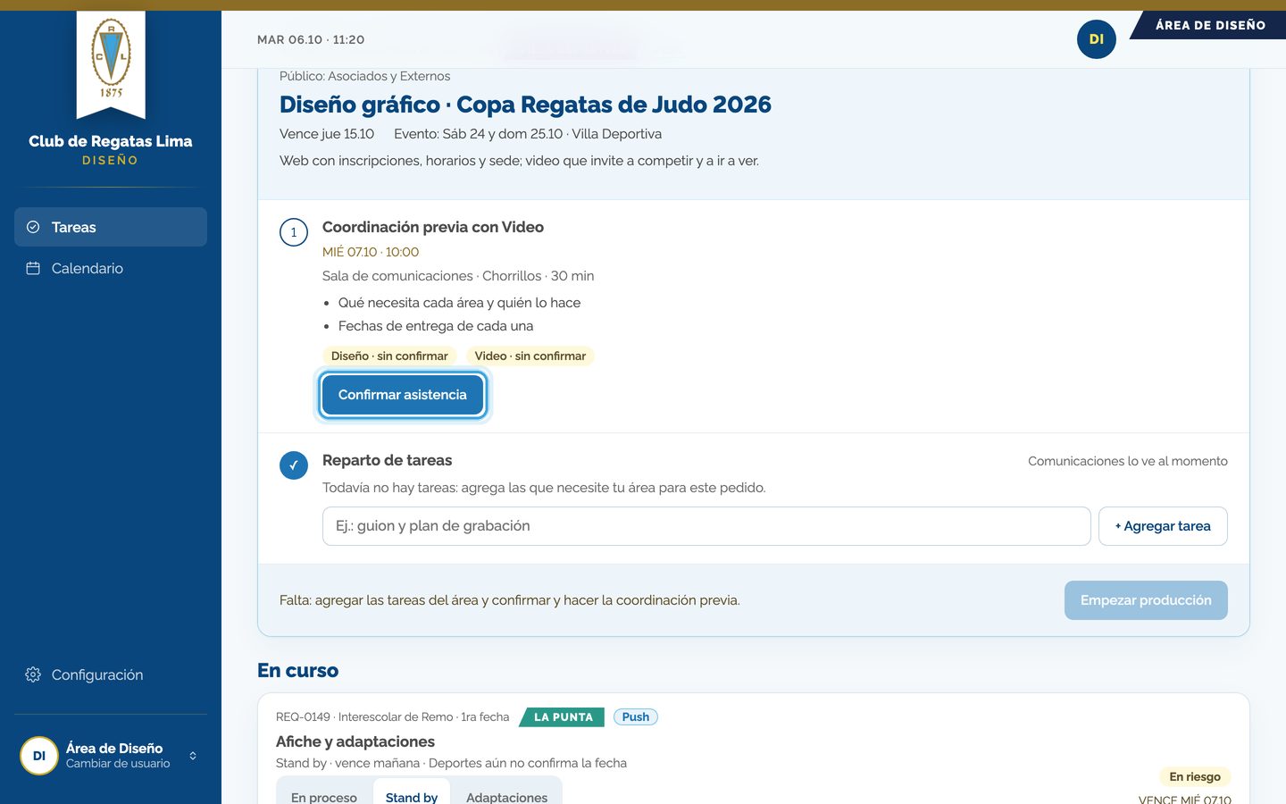 Pantalla del paso 3: Confirma tu asistencia a la coordinación previa. Cuando la hagan, toca «Marcar coordinación hecha».