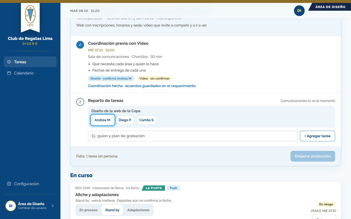 Pantalla del paso 4: Arma tus tareas: escribe cada una en «Nueva tarea», toca «+ Agregar tarea» y luego toca el nombre de quien la va a hacer.