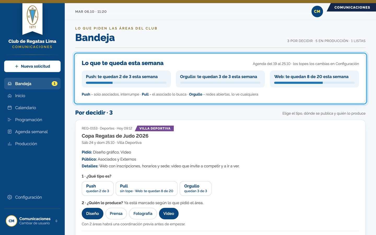 Pantalla del paso 1: Arriba ves cuánto te queda esta semana: «Push: te quedan 2 de 3», «Orgullo: te quedan 3 de 3», «Web: te quedan 8 de 20».