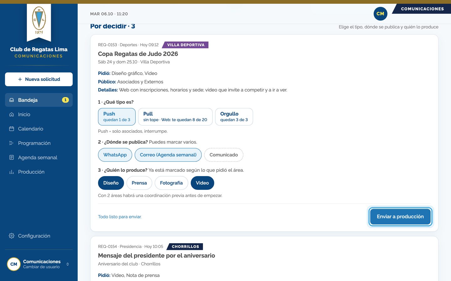 Pantalla del paso 4: Confirma quién lo produce (viene marcado según lo que pidió el área) y toca «Enviar a producción».