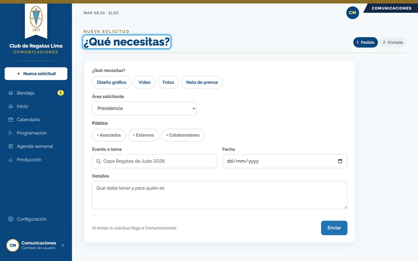 Pantalla del paso 1: En «Mis solicitudes» toca «Nueva solicitud» (Comunicaciones la tiene en su menú). Se abre el formulario.