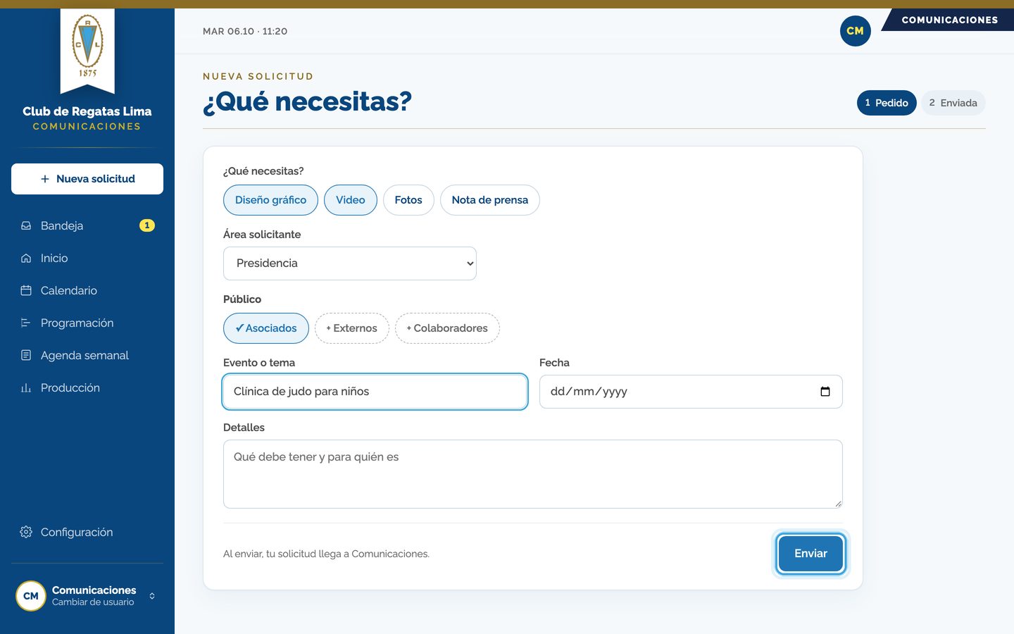 Pantalla del paso 4: Escribe el evento o tema, la fecha y los detalles. Cuando esté, toca «Enviar».