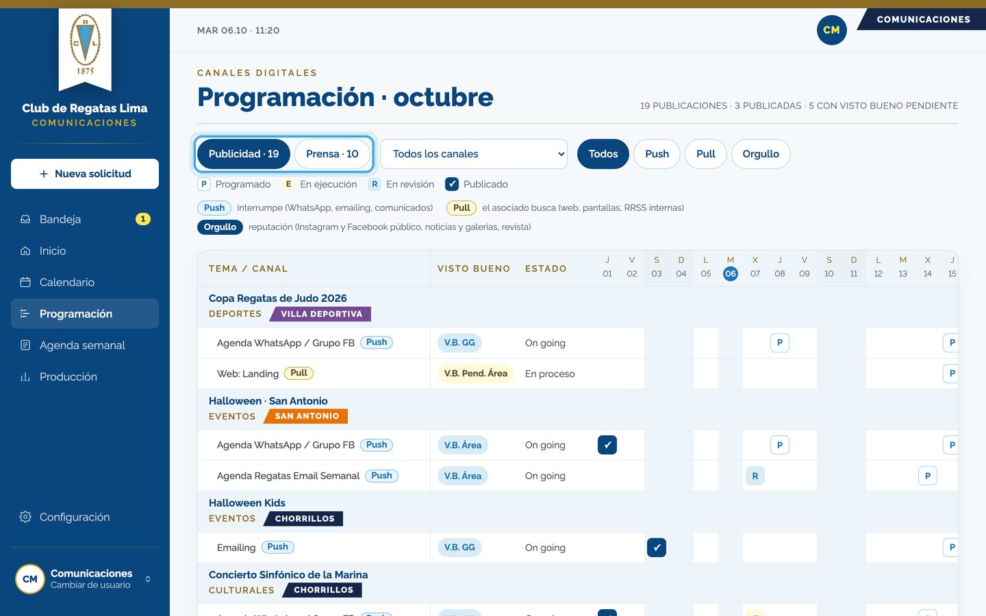 Pantalla del paso 1: Elige la hoja: «Publicidad» o «Prensa». También puedes filtrar por canal.