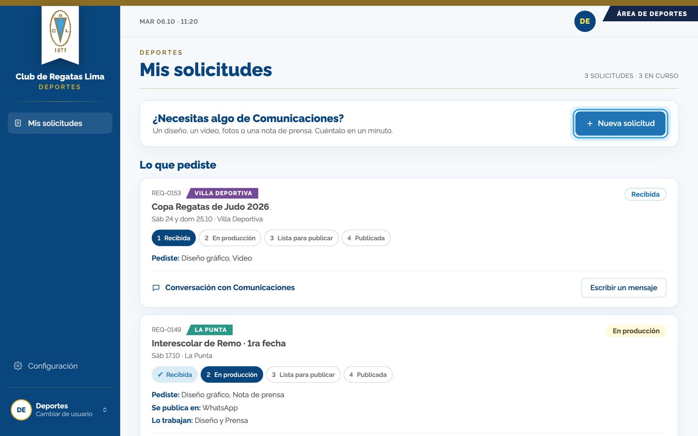 Pantalla del paso 1: Arriba está «Nueva solicitud»: te lleva al formulario.