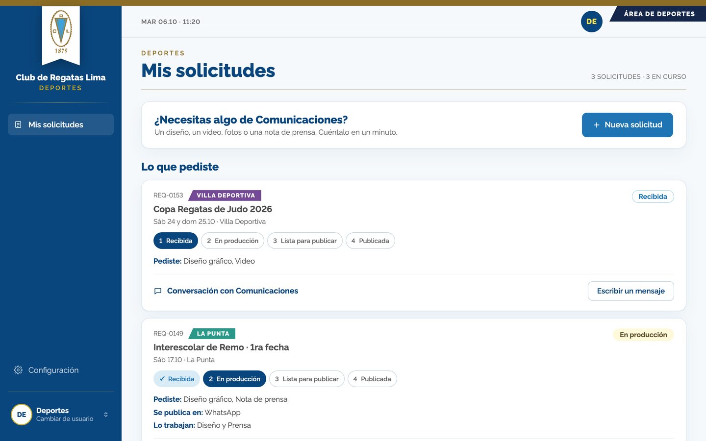 Pantalla del paso 2: Abajo, «Lo que pediste»: cada solicitud con su estado. Va así: Recibida → En producción → Lista para publicar → Publicada.